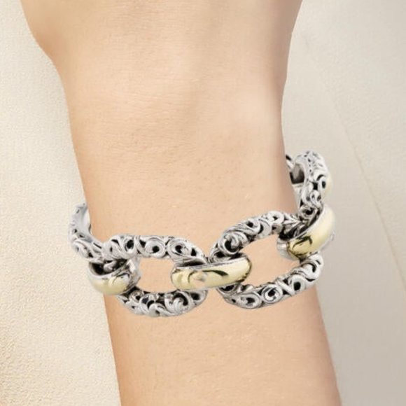 CHARLES KRYPELL 18K 14K & STERLING SILVER LARGE HEAVY IVY LINK AMAZING BRACELET - Picture 6 of 6